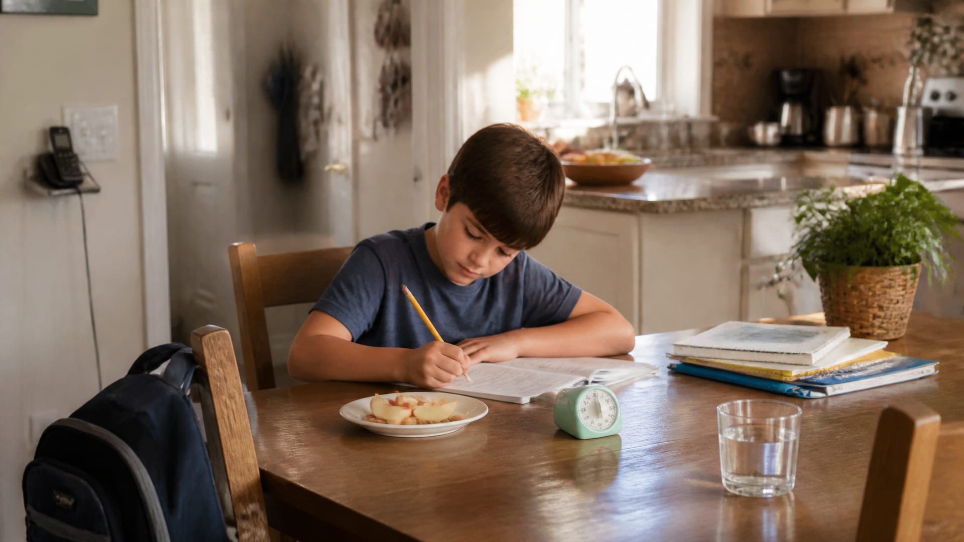 A child works on homework at the kitchen table after school with a snack, timer, and backpack nearby.