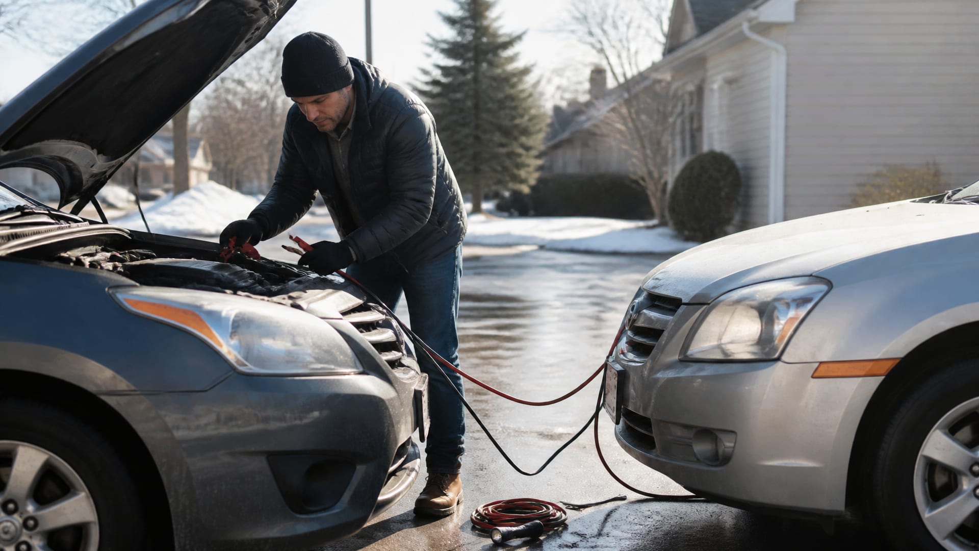 A person safely connecting jumper cables between two parked cars in a driveway on a chilly morning.