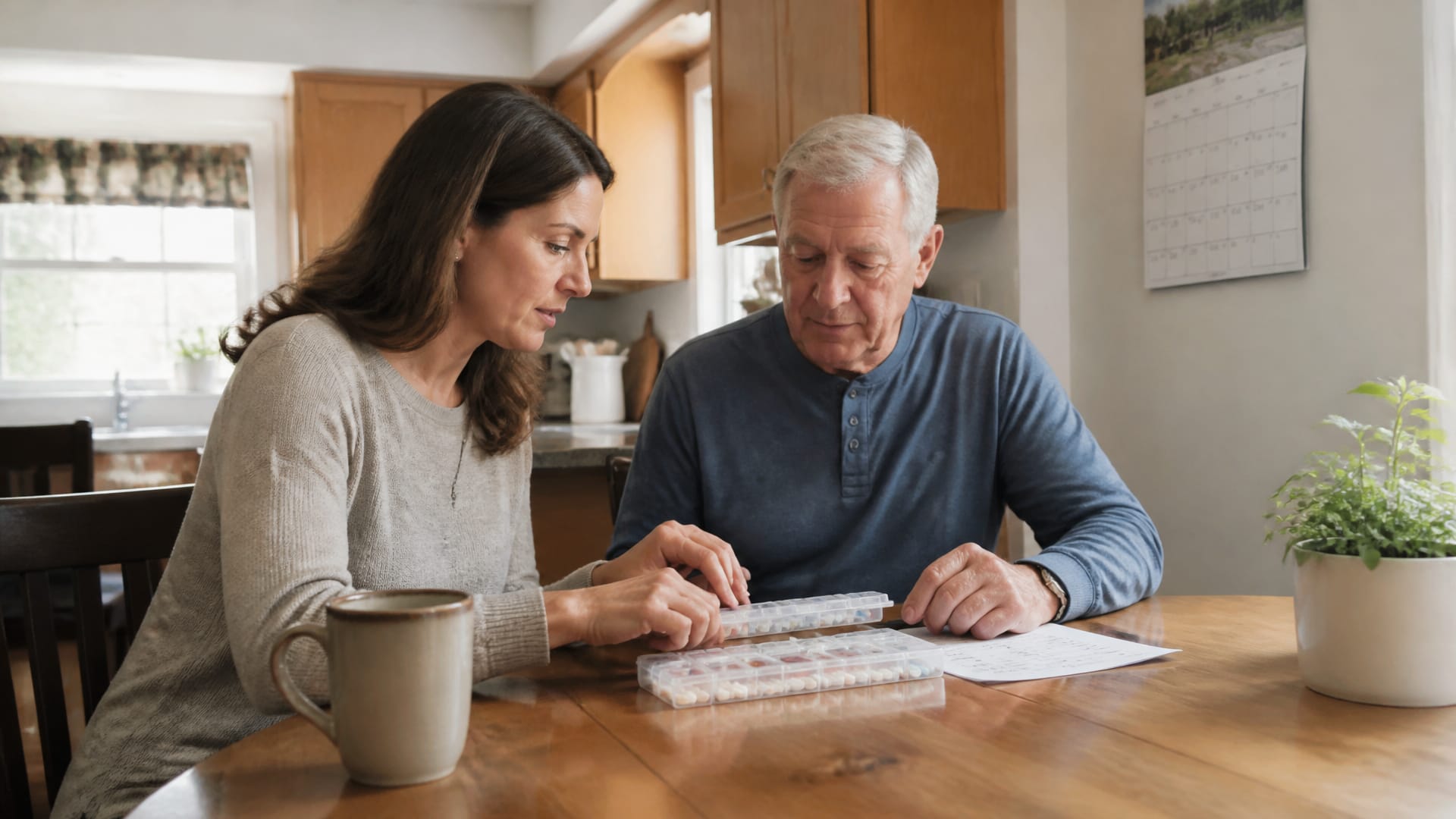 An adult daughter helps her older father sort medicines at a kitchen table beside a weekly pill organizer and calendar.