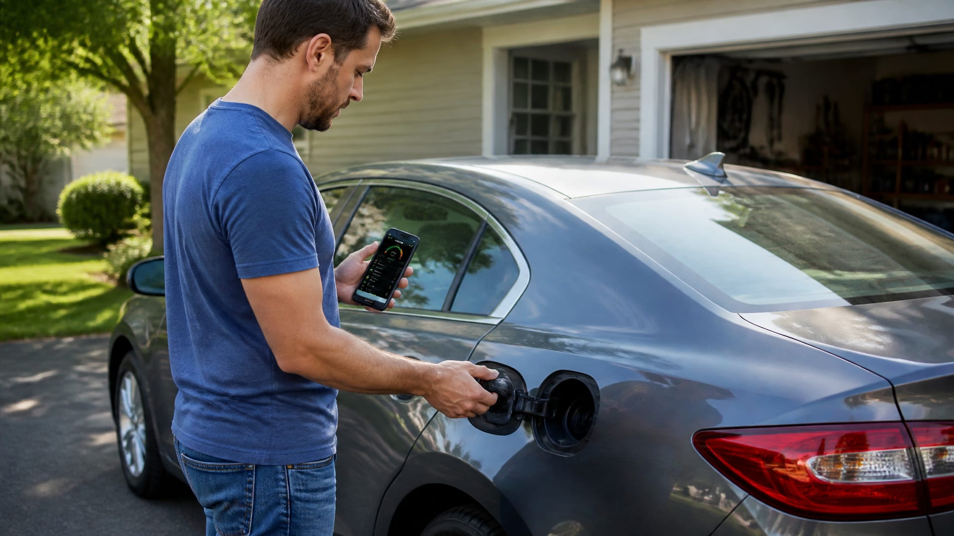 A homeowner checks a sedan's gas cap and scans the dashboard warning with a phone app in the driveway.