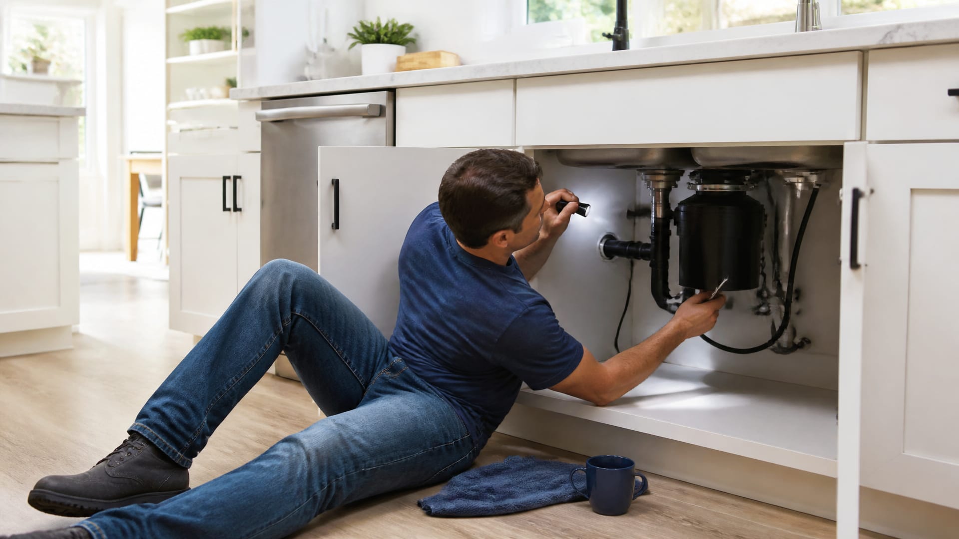 Homeowner checking a garbage disposal under a kitchen sink with a flashlight and wrench.