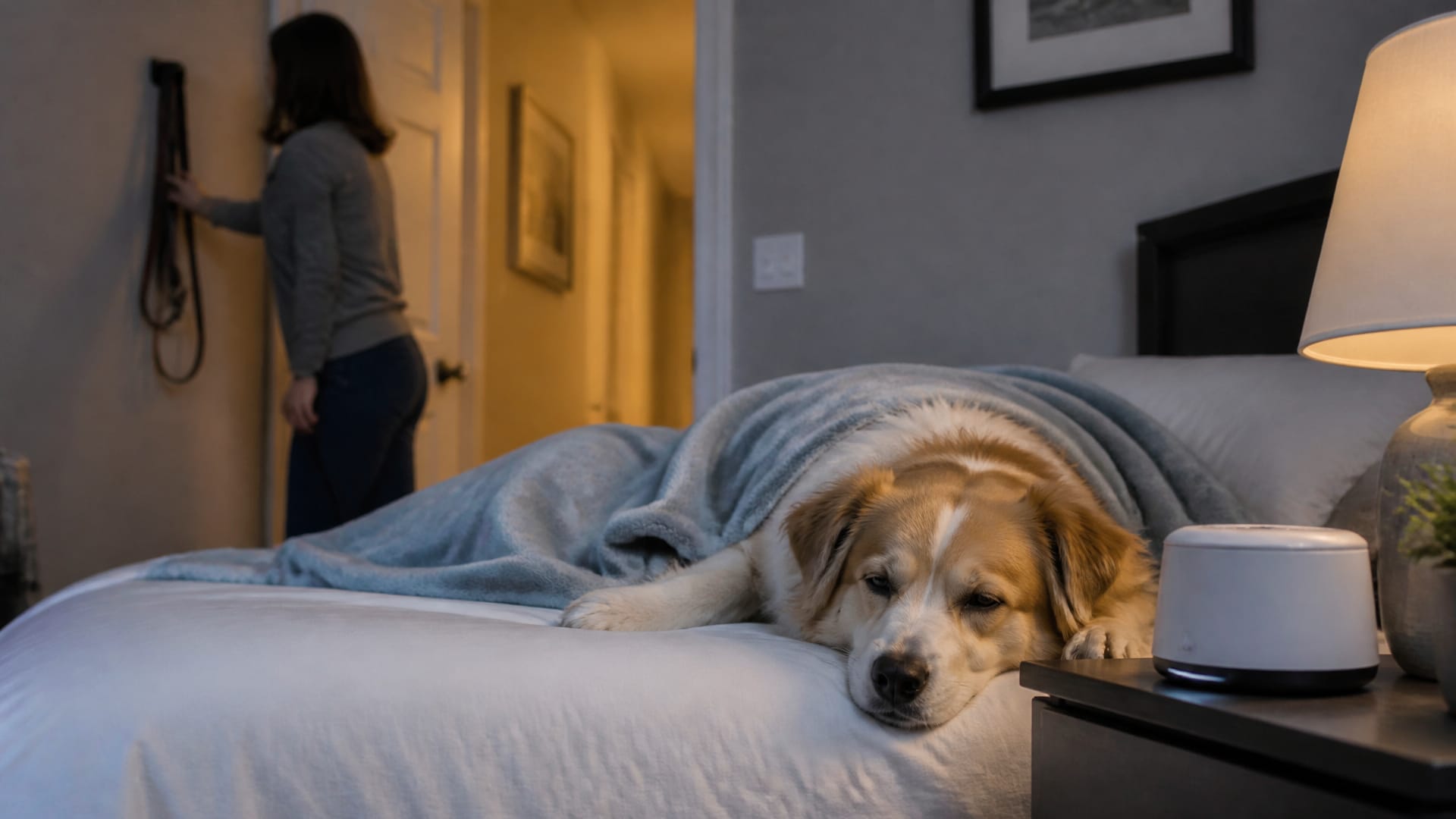 A calm dog resting in a bedroom at night beside a white noise machine while its owner prepares a leash.