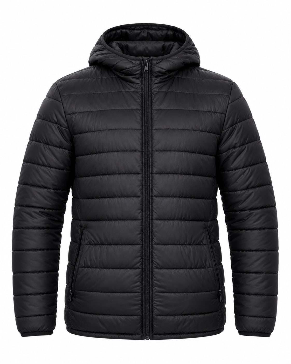 Custom Puffer Jacket in Black, front view