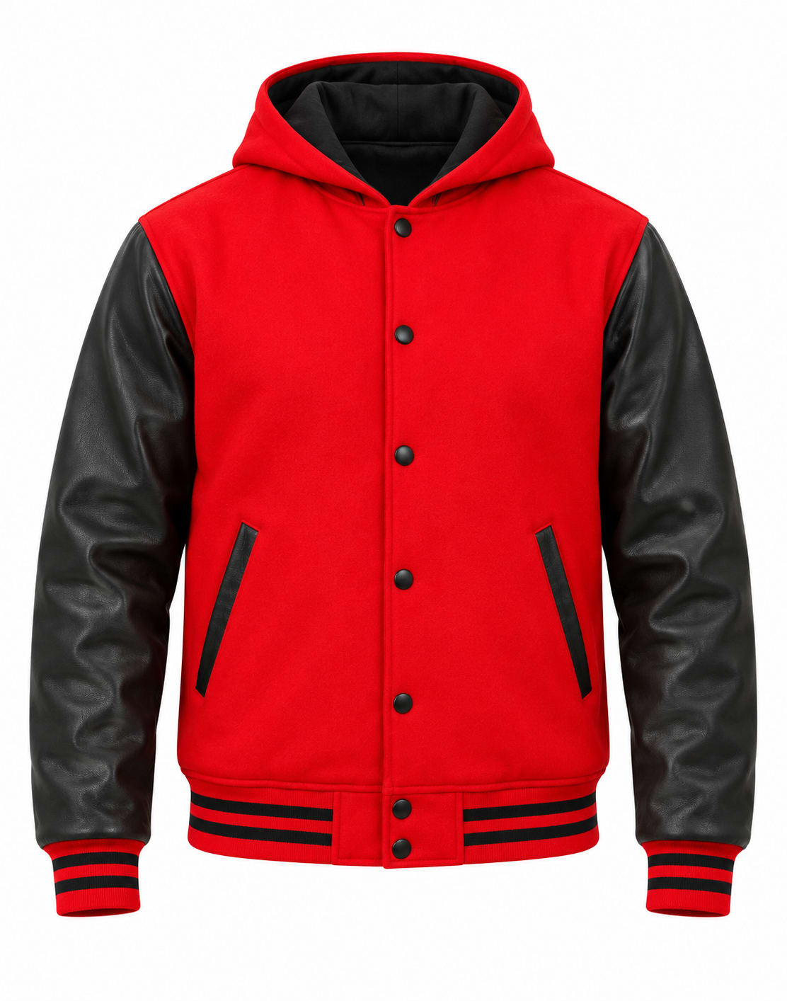 Red Wool and Black Leather Sleeves Varsity Hoodie, front view