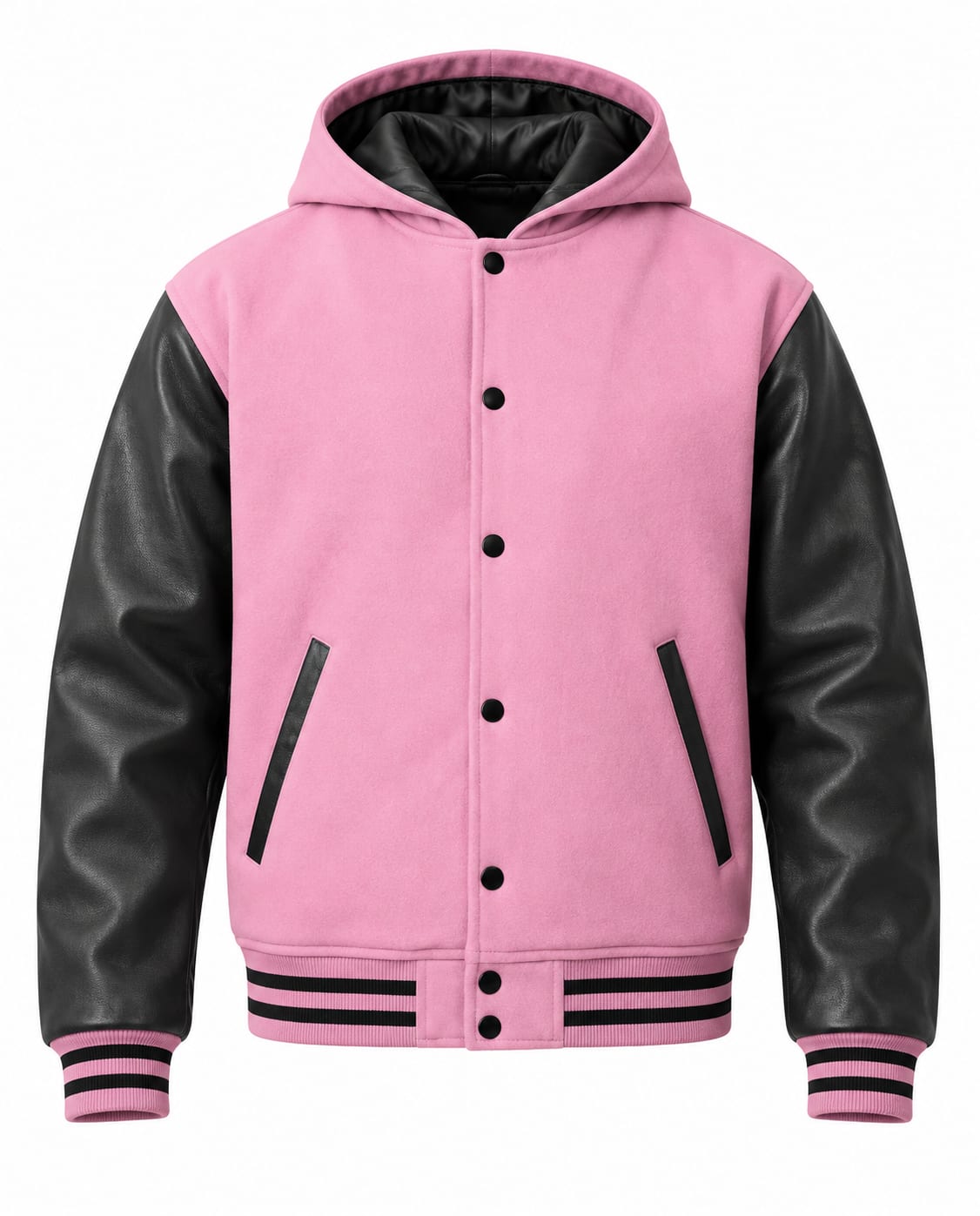 Baby Pink Letterman Jacket With Hood, front view