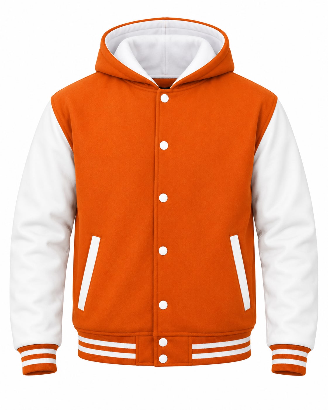 Orange Wool and White Leather Sleeves Varsity Jacket with Hood, front view