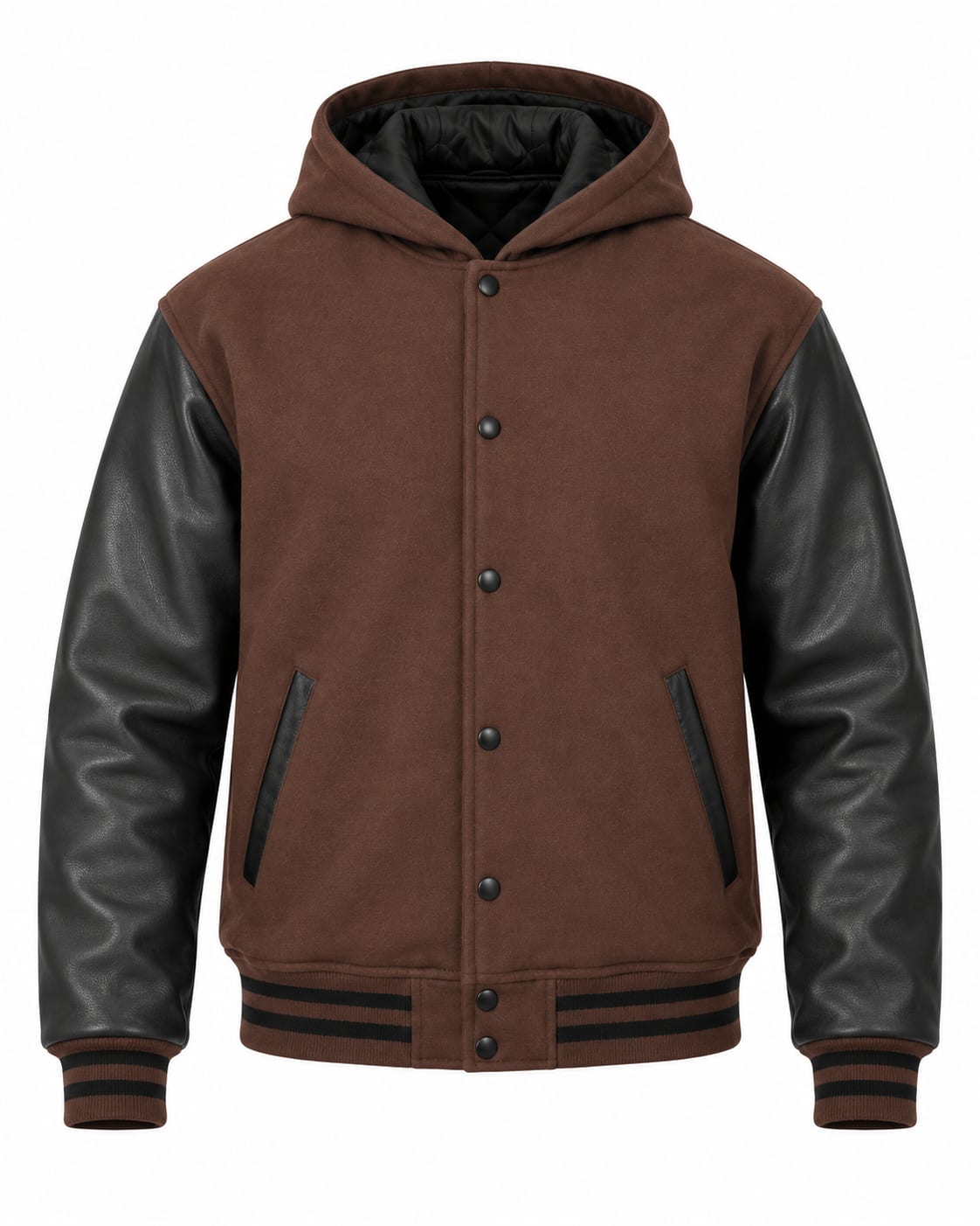 Dark Brown Wool and Black Leather Sleeves Hooded Varsity Jacket, front view