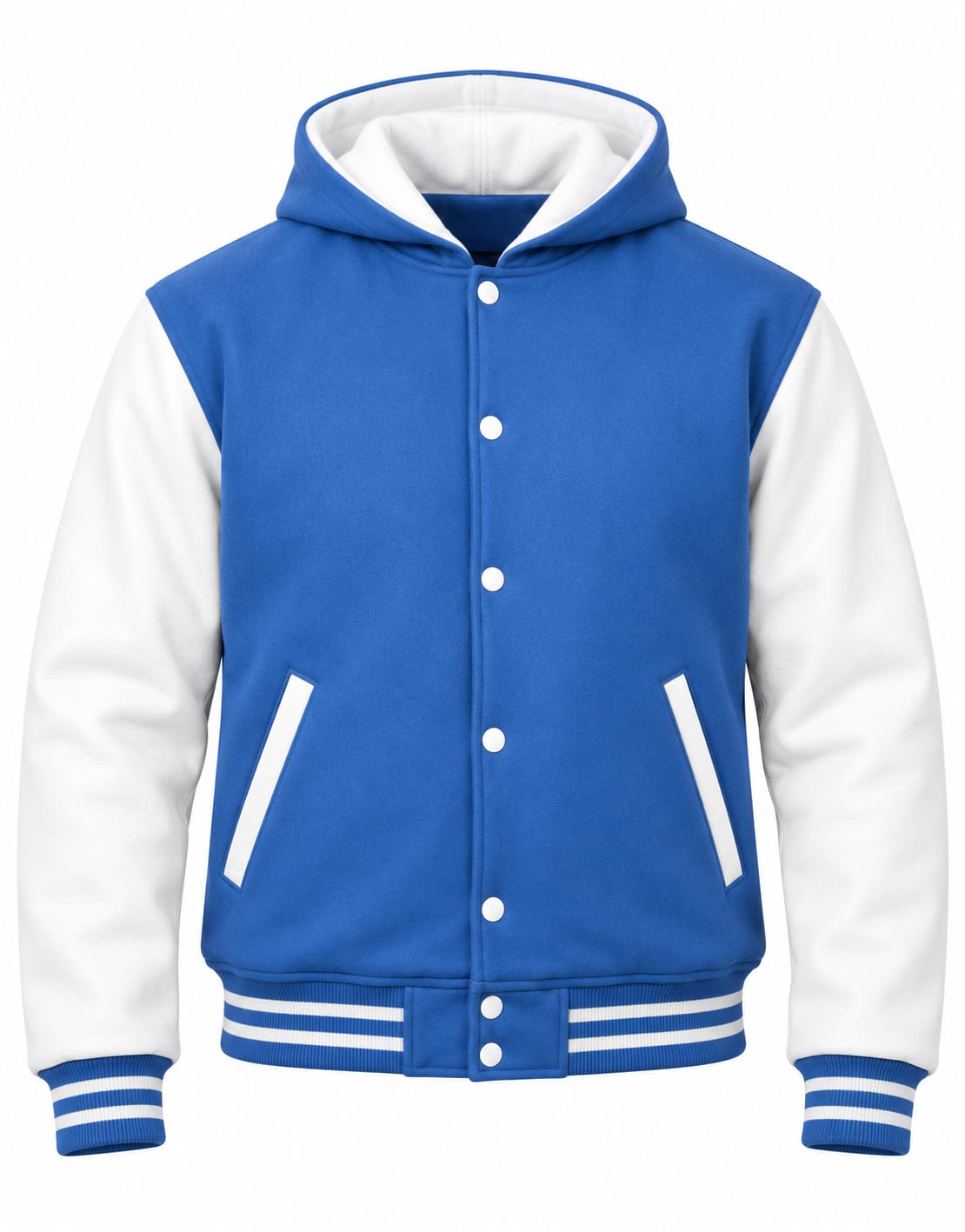 Sky Blue Wool and White Leather Sleeves Varsity Hoodie, front view