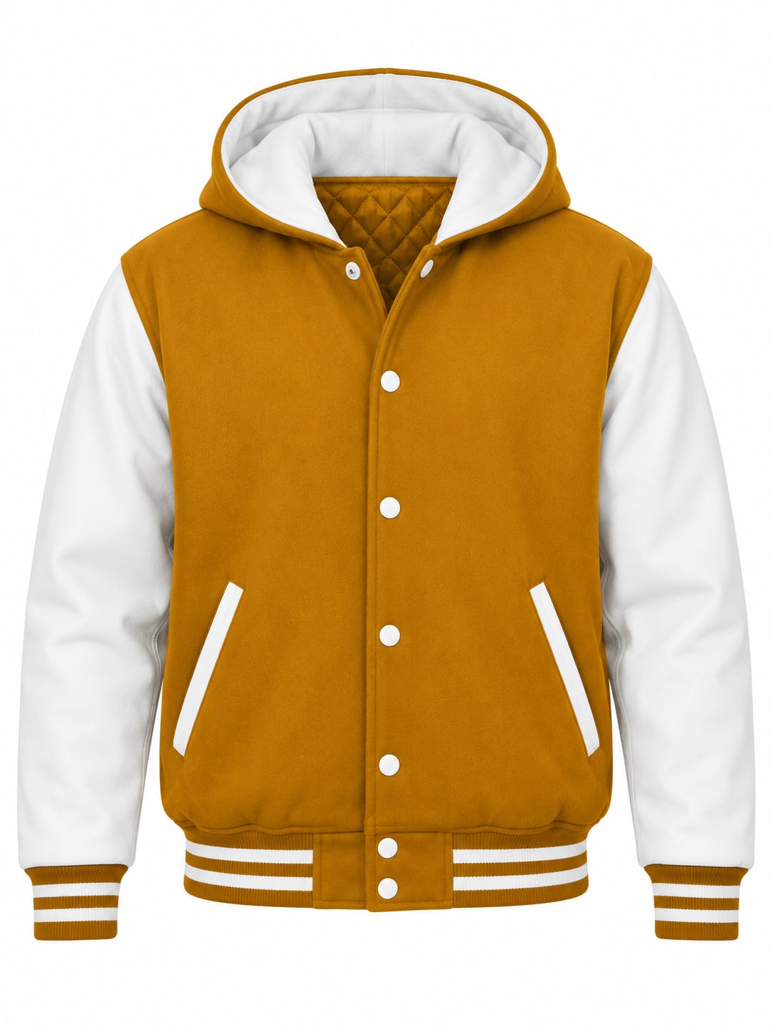 Old Gold Wool and White Leather Sleeves Hooded Varsity Jacket, front view