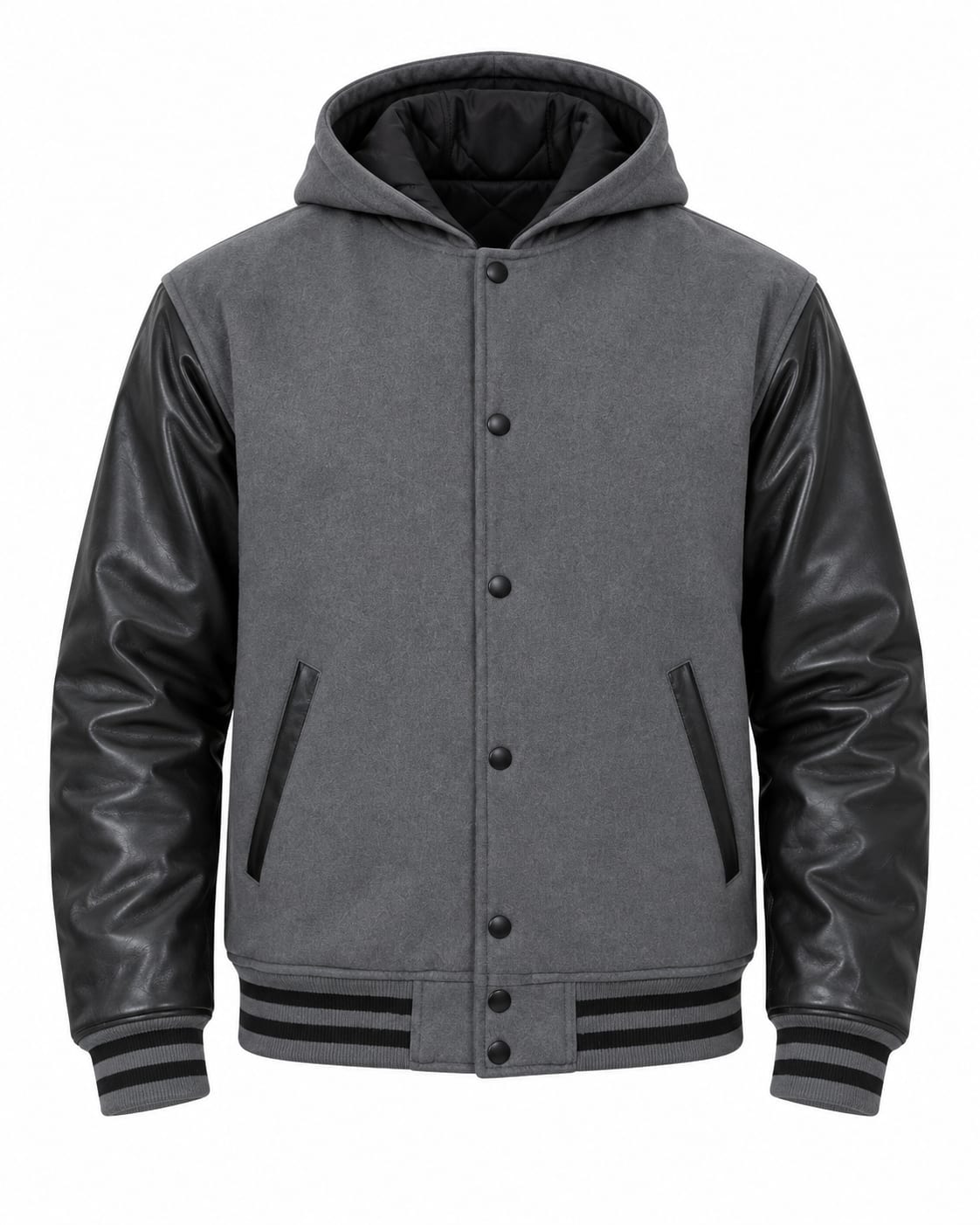 Dark Gray Wool and Black Leather Sleeves Varsity Jacket with Hood, front view