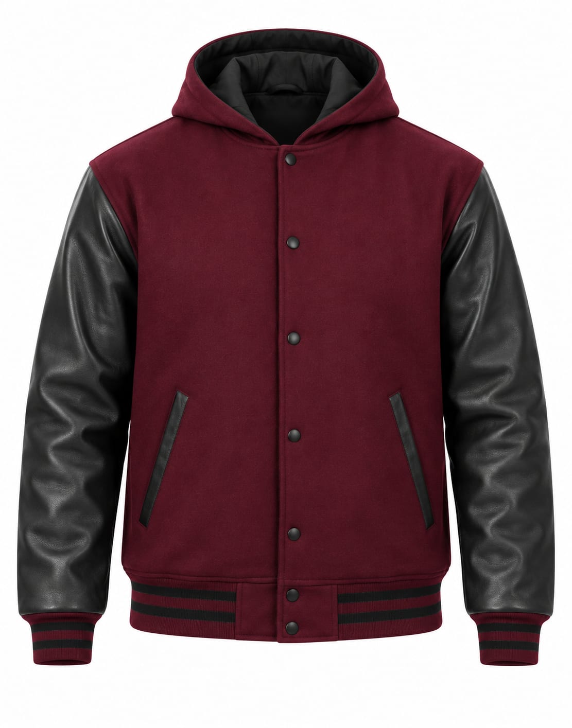 Dark Maroon Wool and Black Leather Sleeves Hooded Letterman Jacket, front view