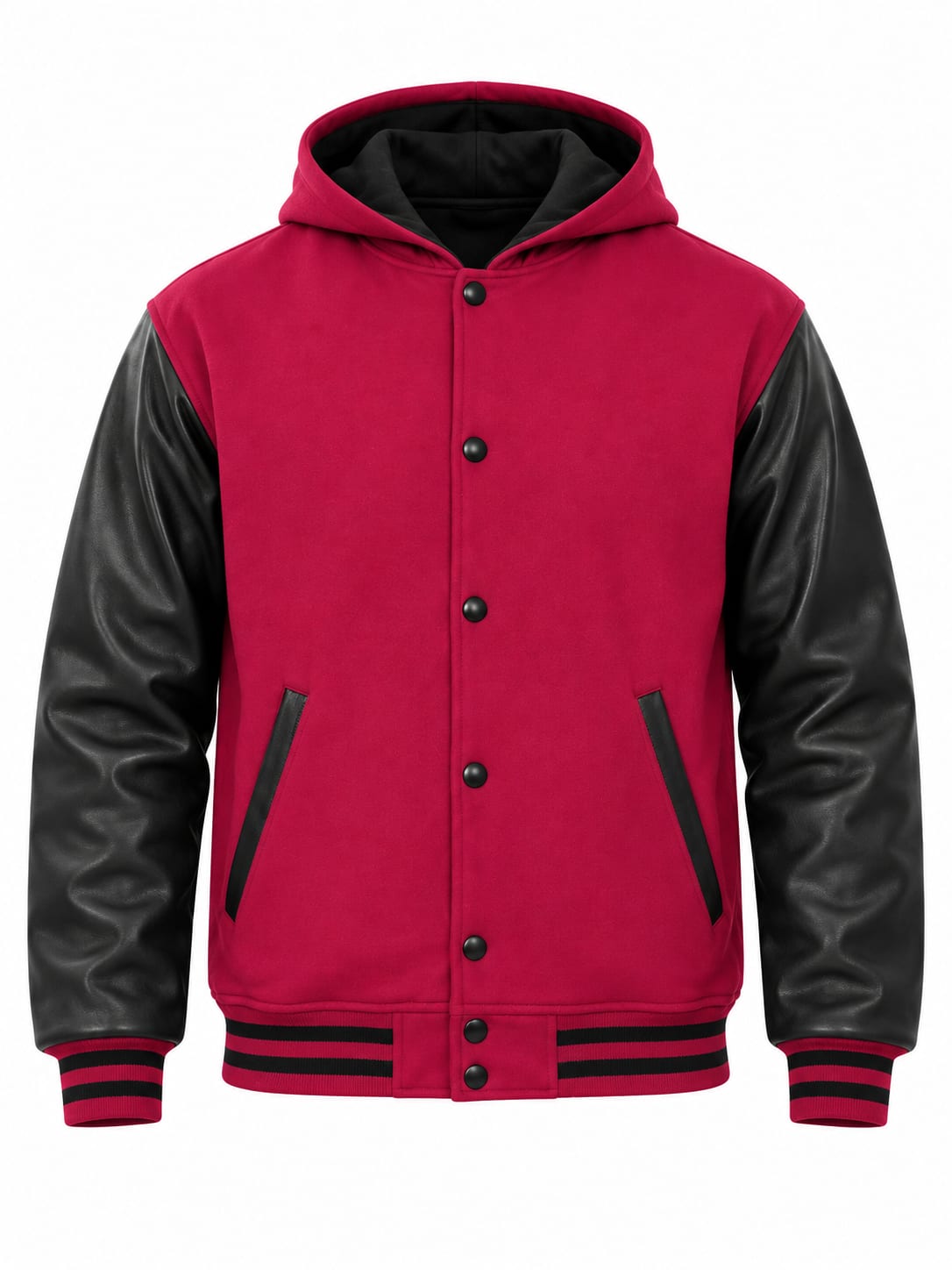 Hot Pink Wool and Black Leather Sleeves Varsity Jacket with Hood, front view