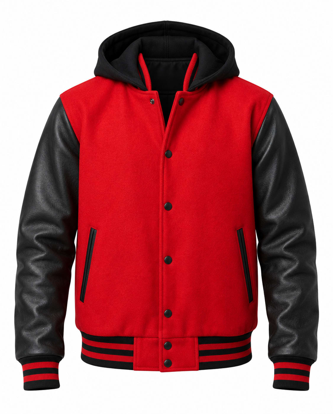 Red Wool Varsity Jacket With Hood Black Leather Sleeves, front view