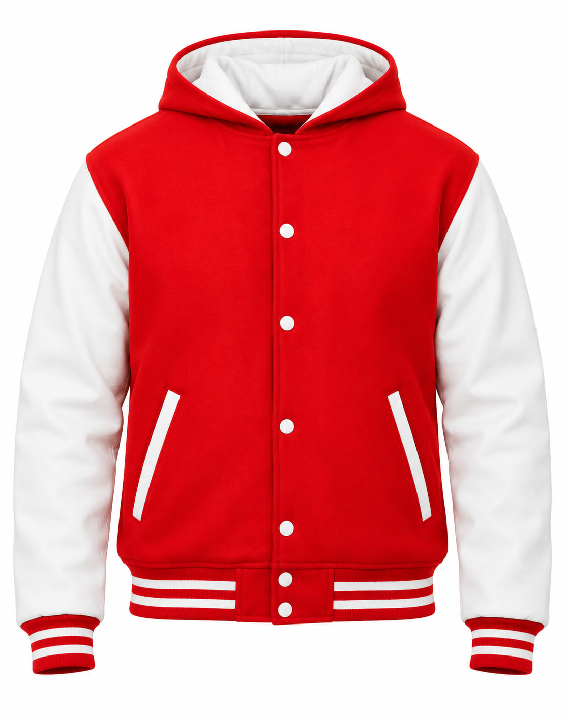 Red Wool and White Leather Sleeves Varsity Jacket with Hood, front view