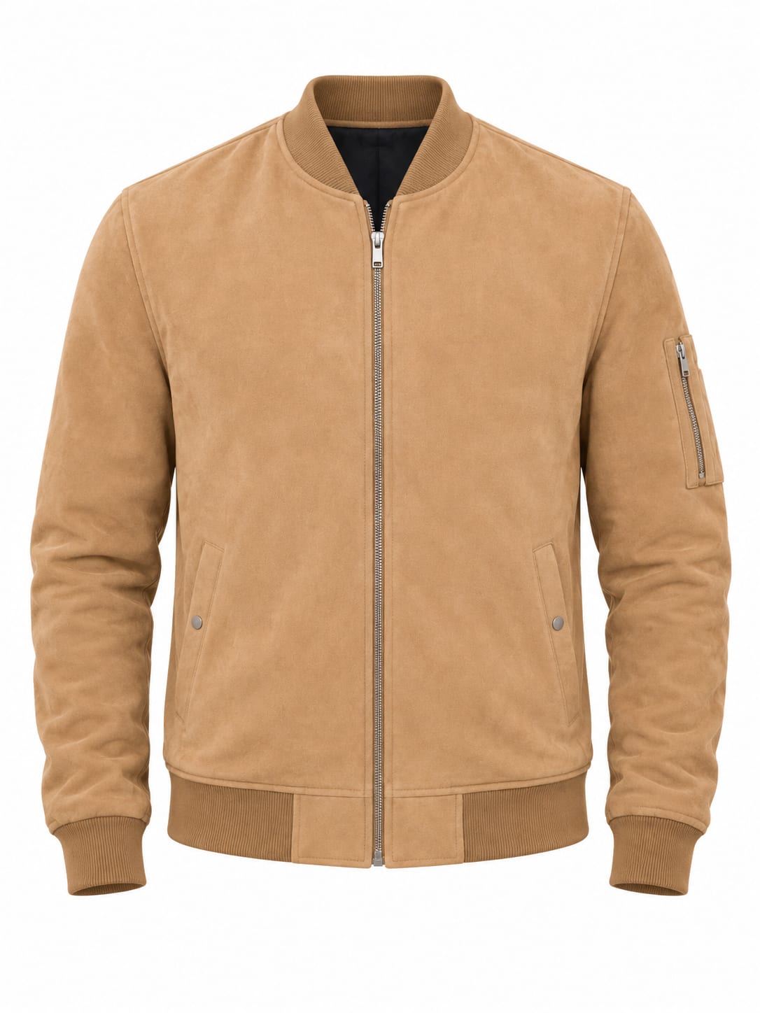 Camel Brown Suede Leather Bomber Jacket, front view