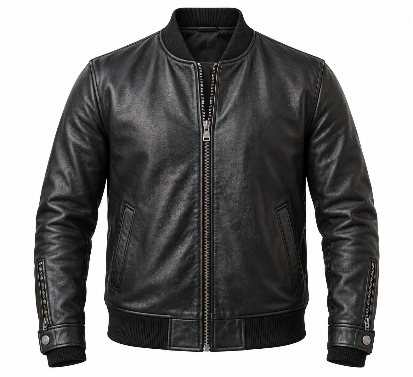 Stylish Black Sheep Leather Bomber Jacket, front view