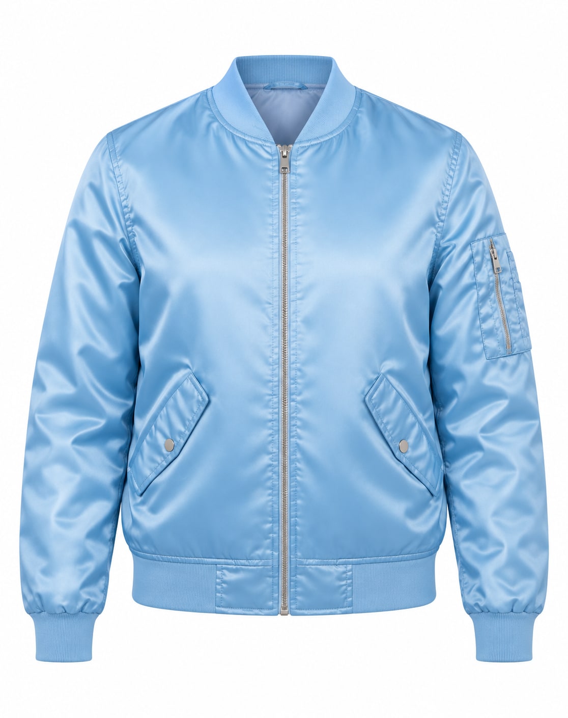 Sky Blue Satin Bomber Jacket Women, front view