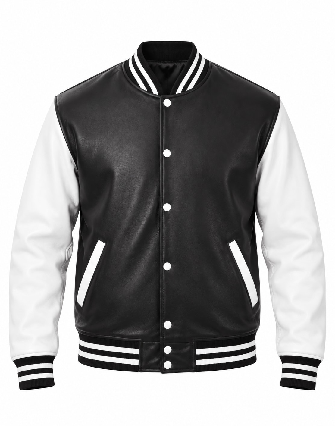 Designer Sheepskin Leather Letterman Jacket Black & White, front view