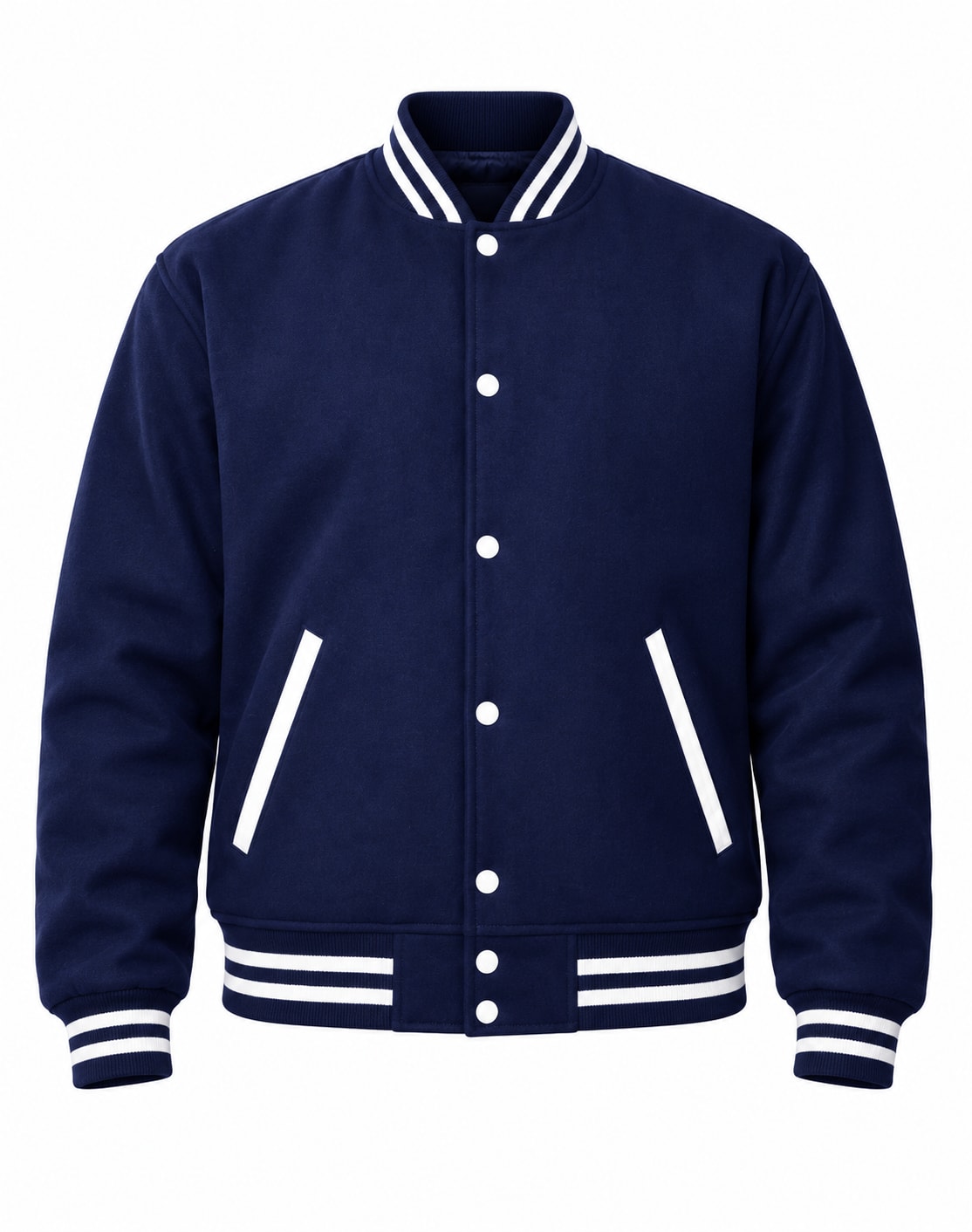 Navy Blue Wool Letterman Jacket, front view