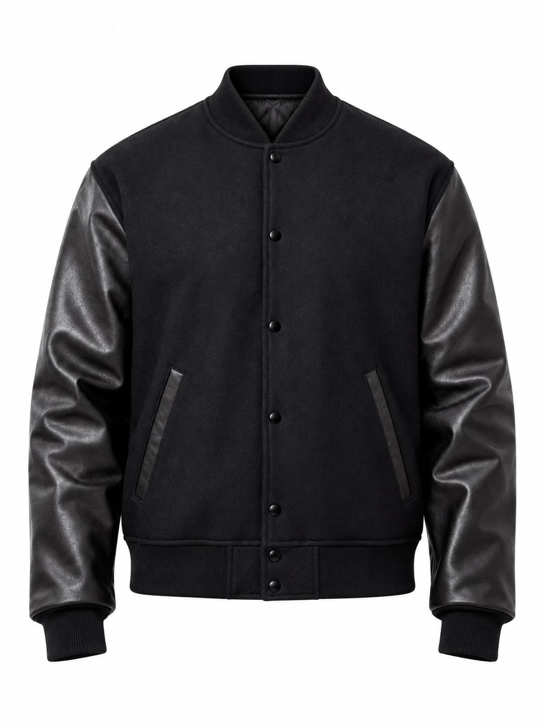 All Black Wool and Leather Sleeves Varsity Jacket, front view