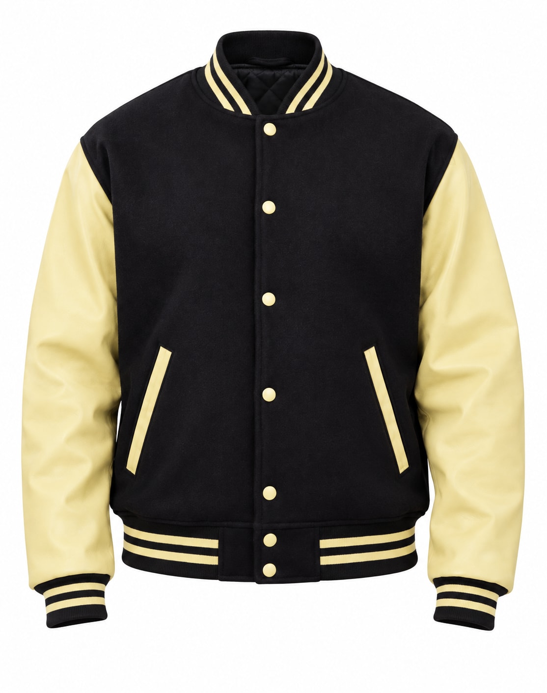 Black Wool and Cream Vegan Leather Jacket, front view