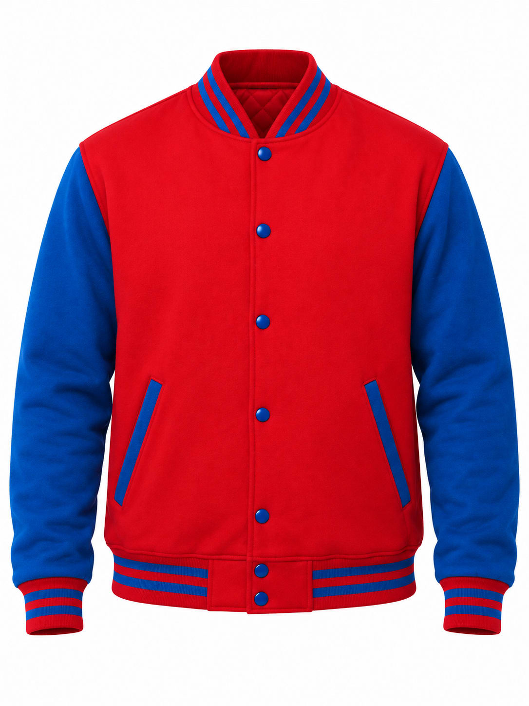 Red and Royal Blue Wool Varsity Jacket, front view
