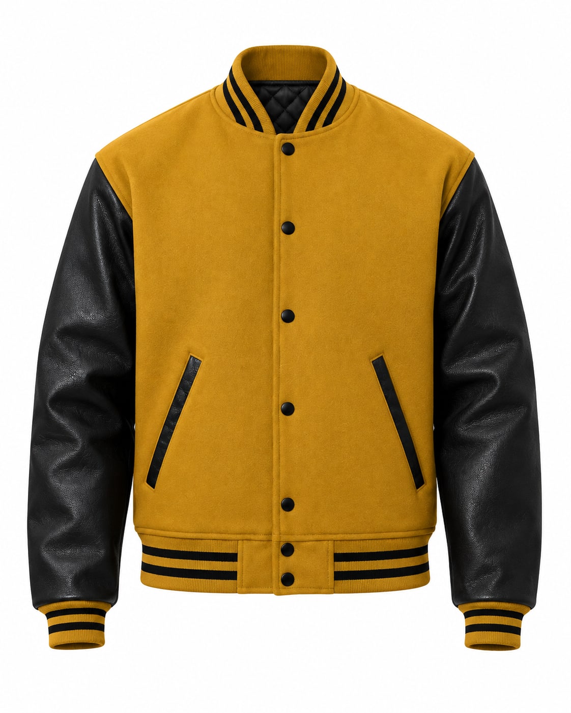 Old Gold Wool and Black Leather Sleeves Letterman Jacket, front view