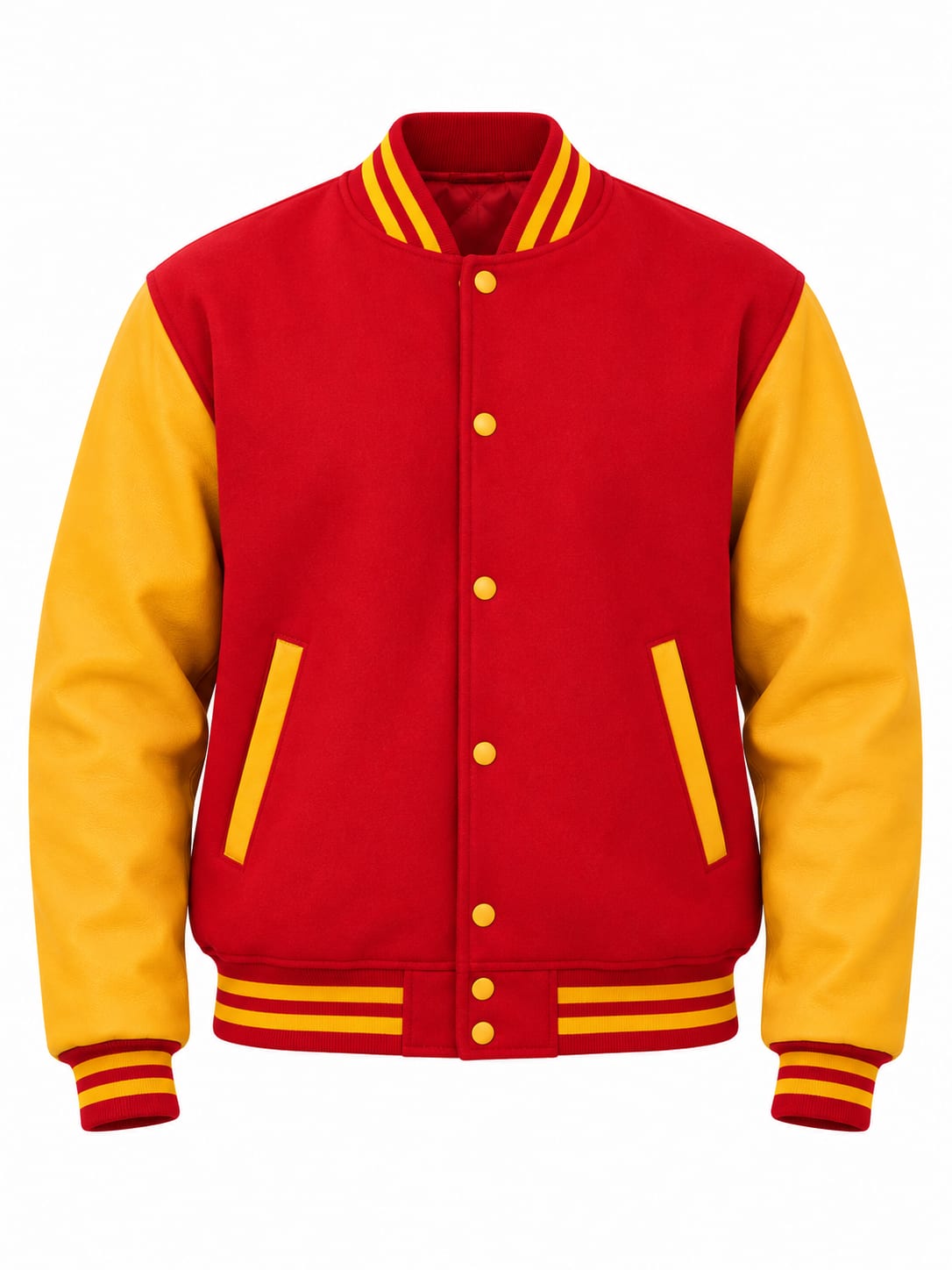 Red Wool and Gold Leather Sleeves Letterman Jacket, front view
