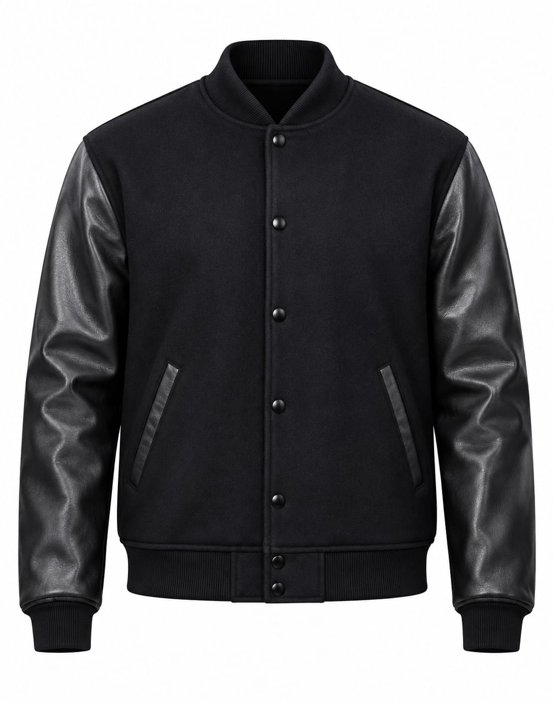 Black Wool and Black Leather Sleeves Letterman Jacket, front view
