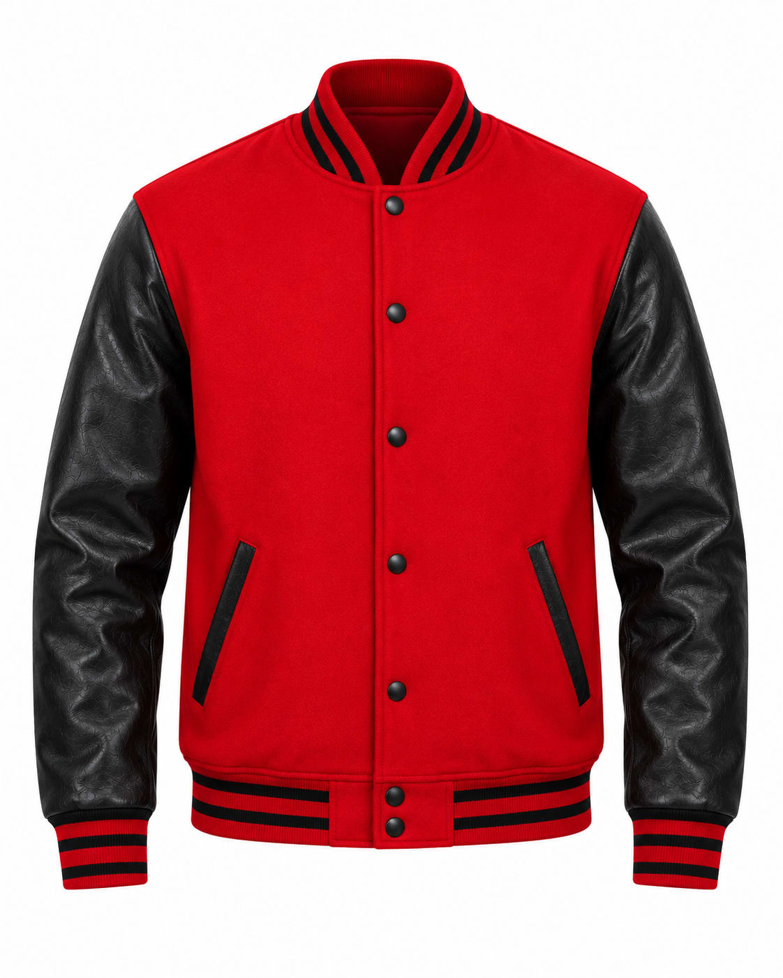 Red Wool and Black Leather Sleeves Letterman Jacket, front view