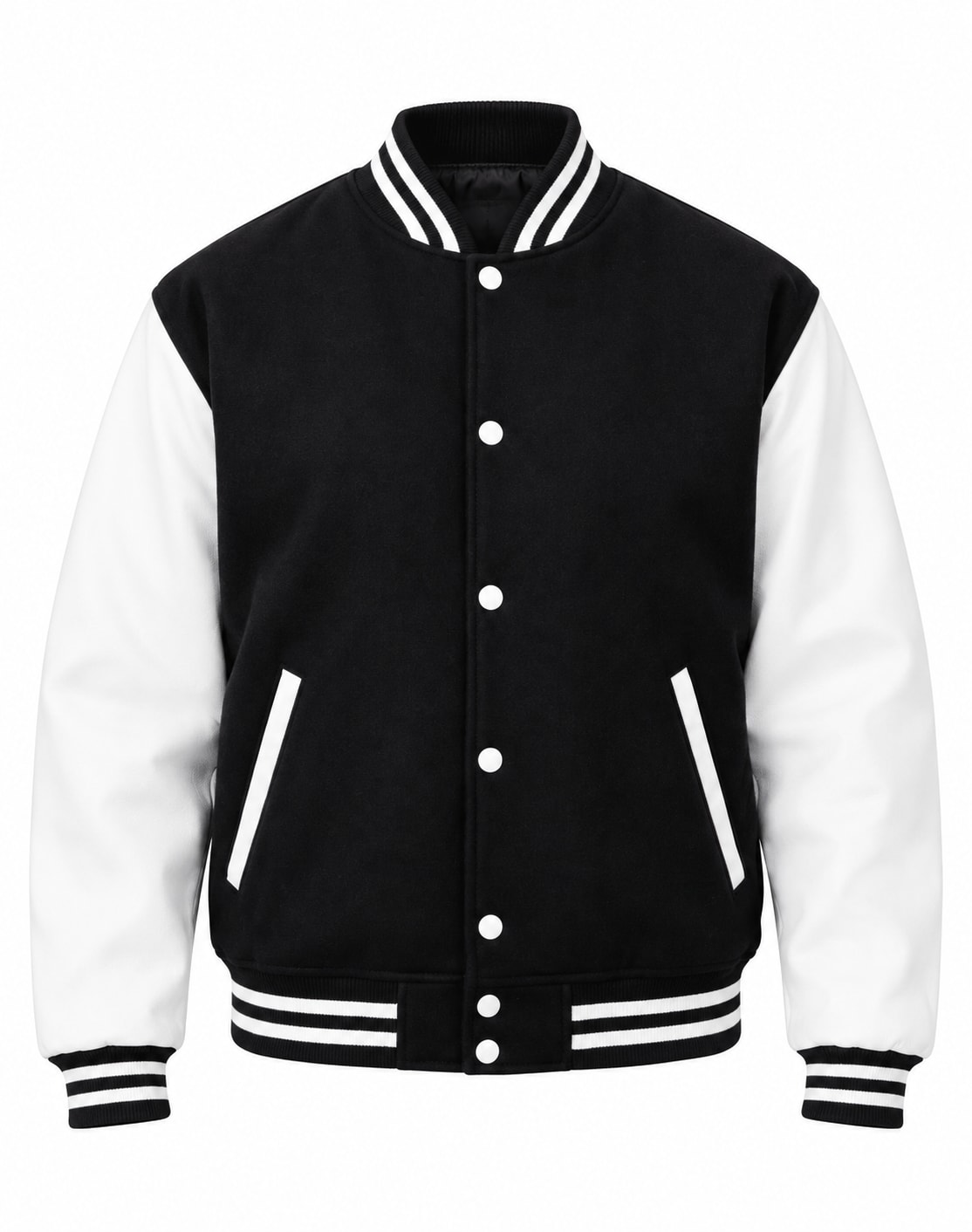 Black Wool and White Leather Sleeves Letterman Jacket, front view