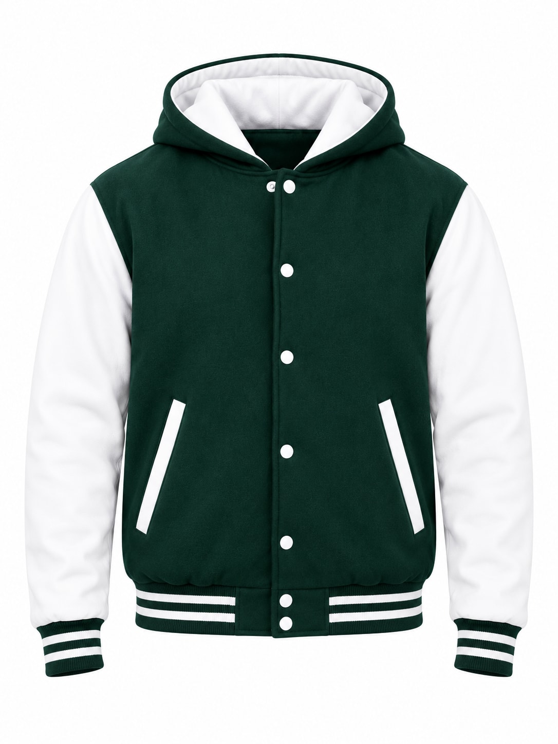 Green Wool and White Leather Sleeves Hooded Varsity Jacket, front view