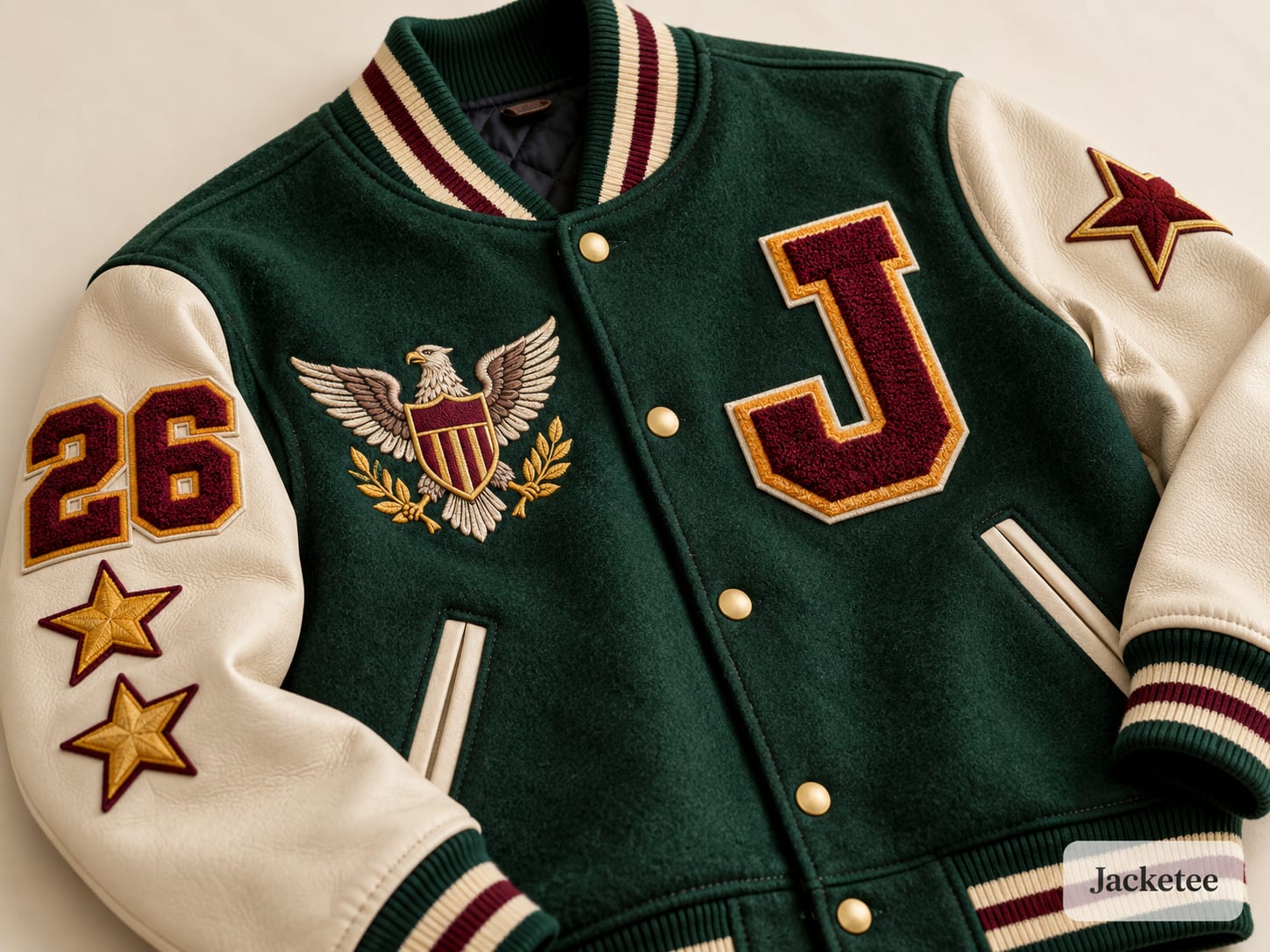 Forest green varsity jacket with burgundy chenille J and eagle crest