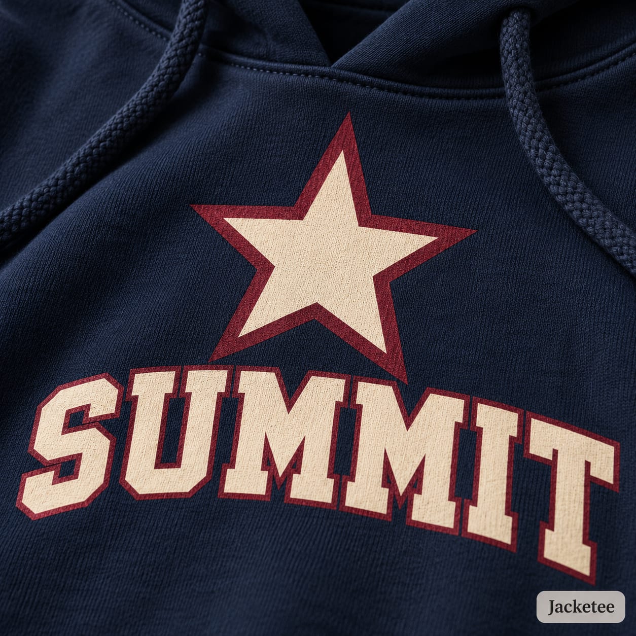Cream and burgundy Summit star screen print on a navy hoodie