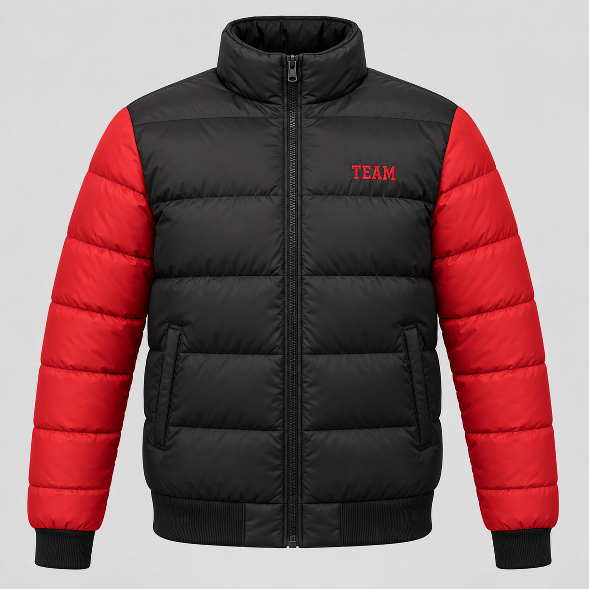 Black and Red Embroidered Logo Puffer Jacket, front view