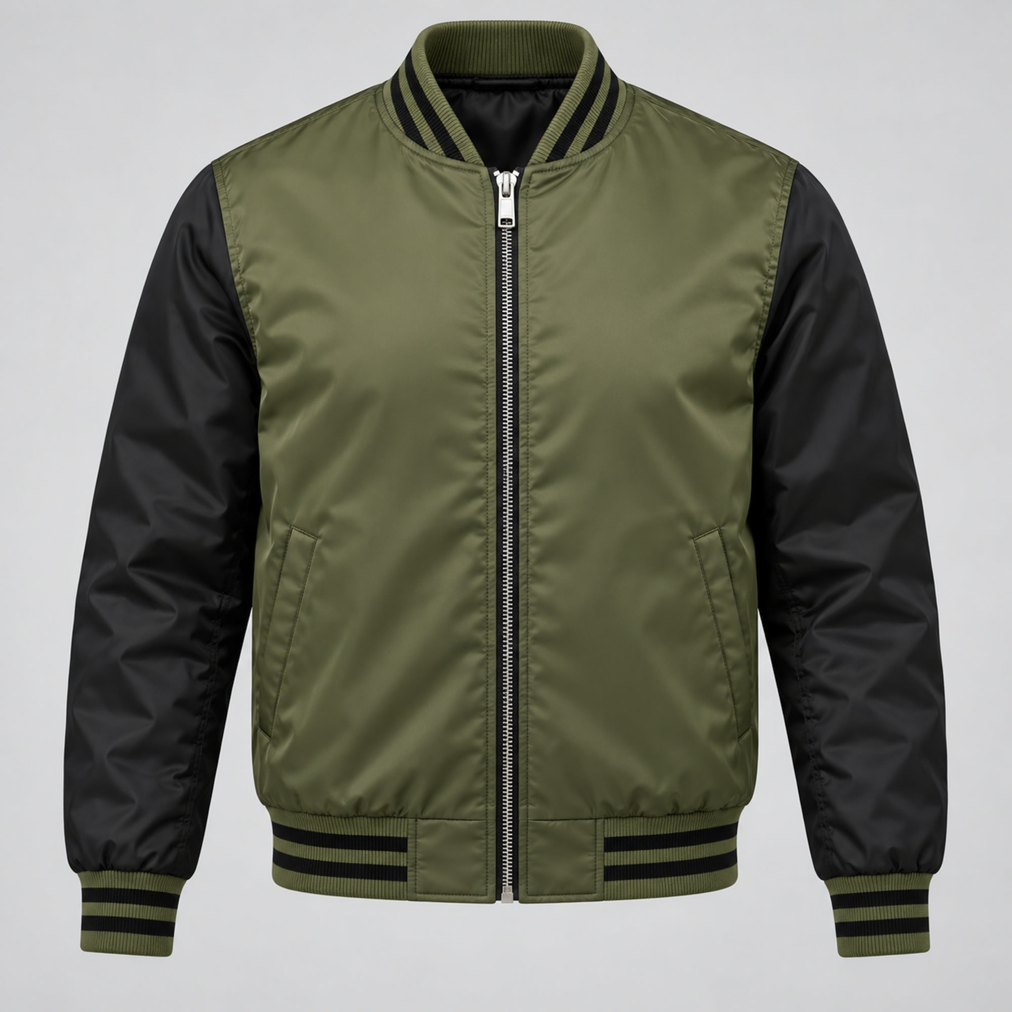 Olive and Black Private Label Bomber Jacket, front view