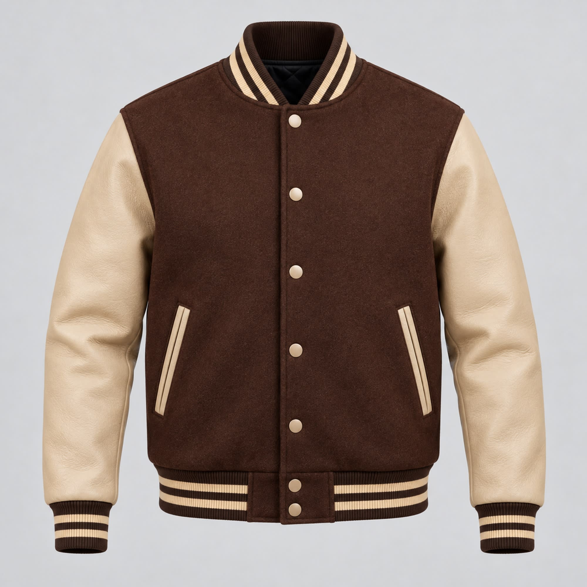 Brown Varsity Jacket with Beige Leather Sleeves, front view