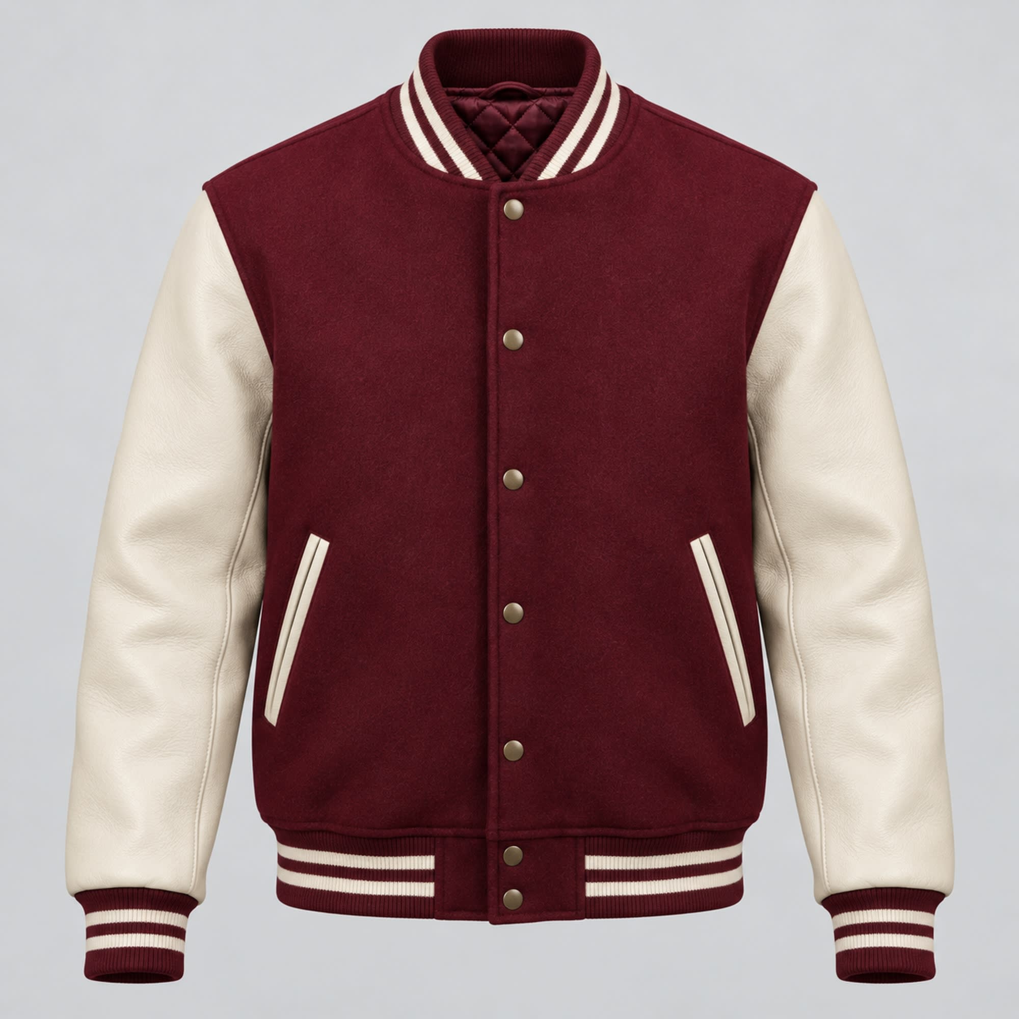Burgundy and Cream Varsity Jacket, front view
