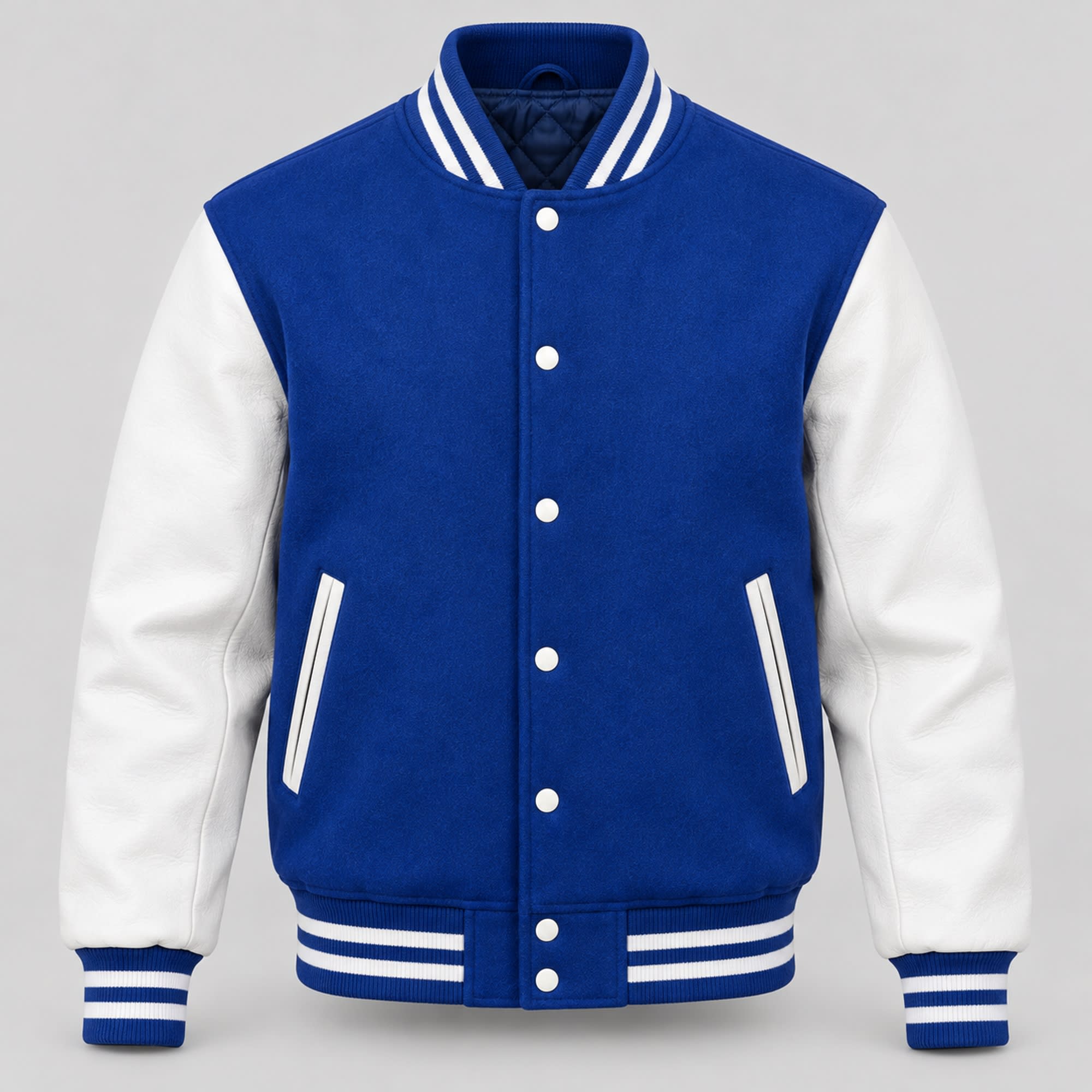 Royal Blue and White Letterman Jacket, front view