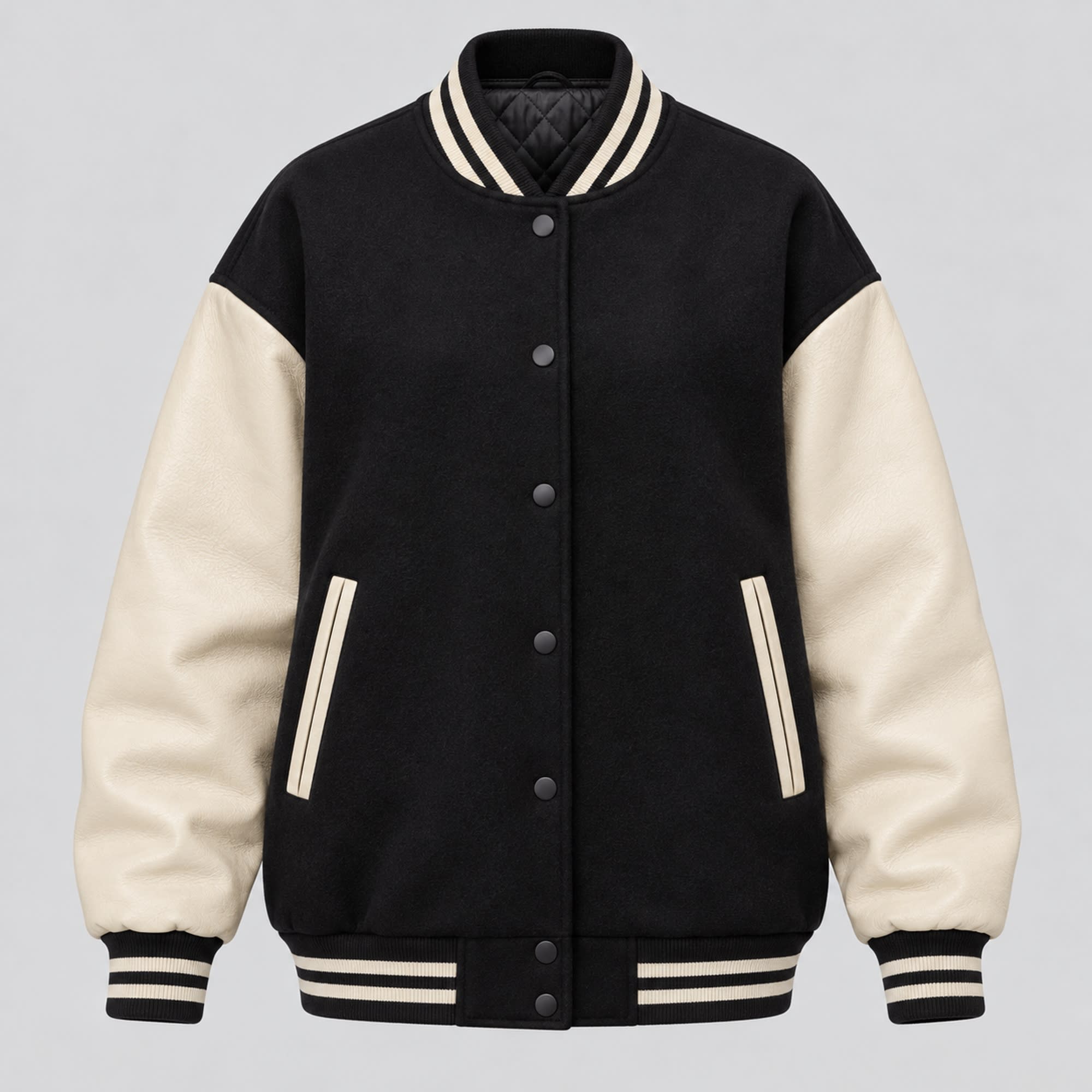 Oversized Black and Cream Varsity Jacket for Women, front view