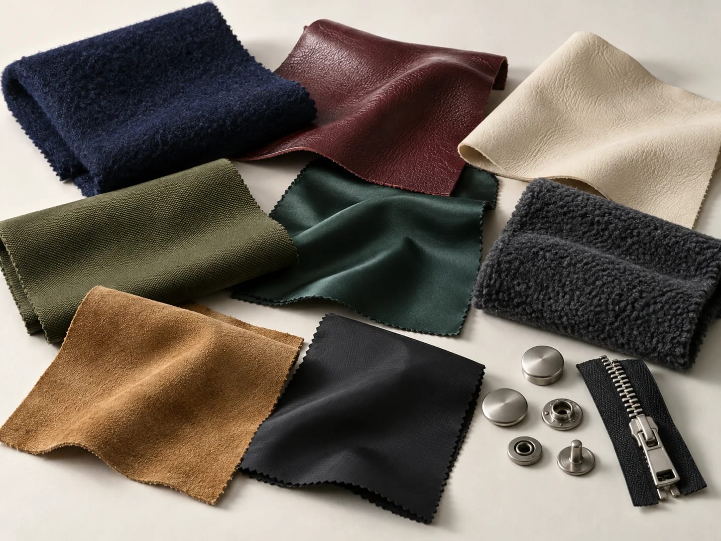 Illustrative arrangement of jacket fabrics, leather swatches, snaps and zipper on an ivory background