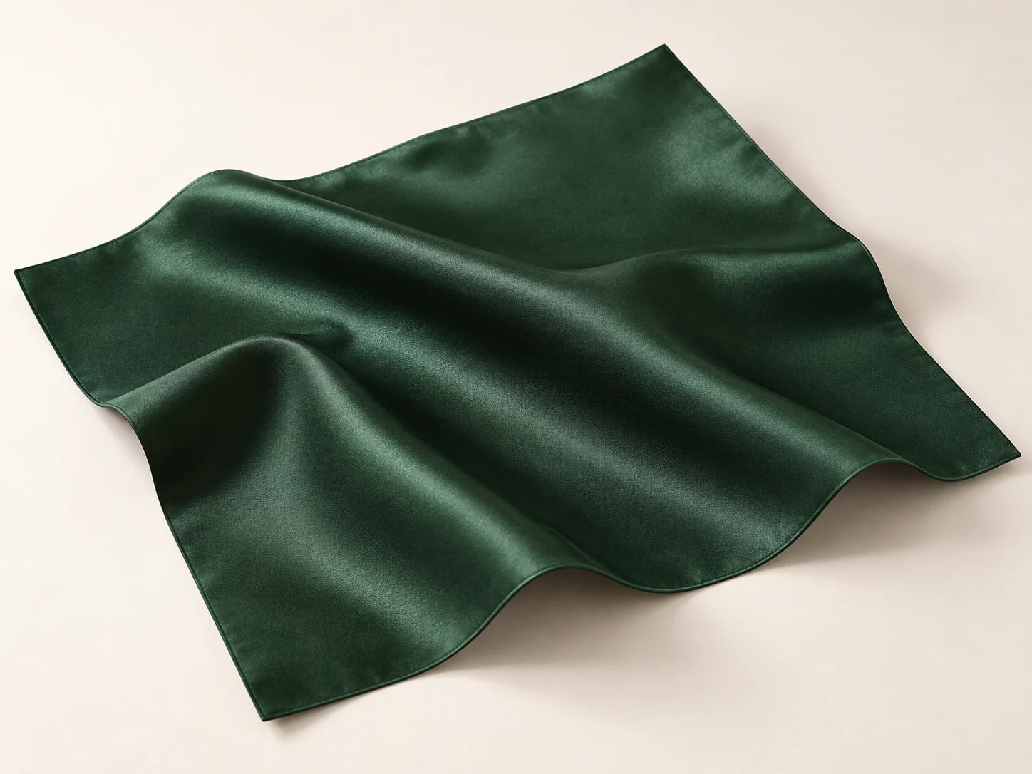 Illustrative forest green polyester satin, three-quarter draped sample