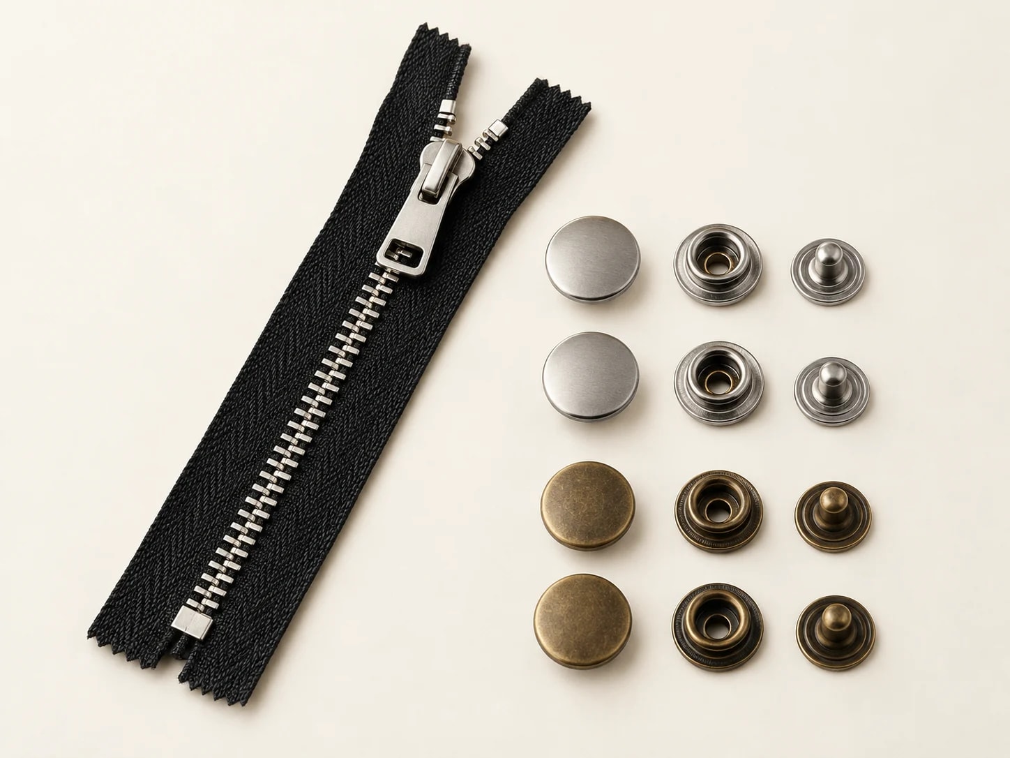 Illustrative jacket snaps and zipper, overhead hardware arrangement