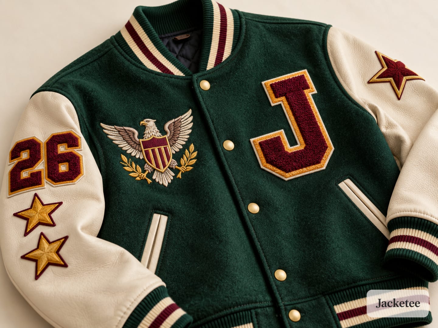 Forest green varsity jacket with burgundy chenille J and eagle crest