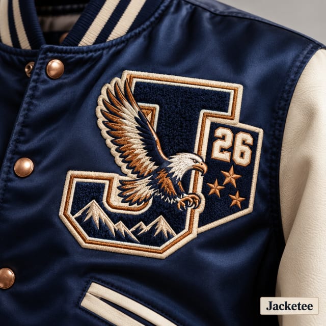 Embroidered logo patch on satin varsity jacket