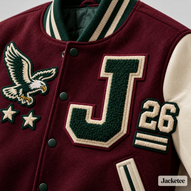 Layered chenille chest letter on varsity jacket