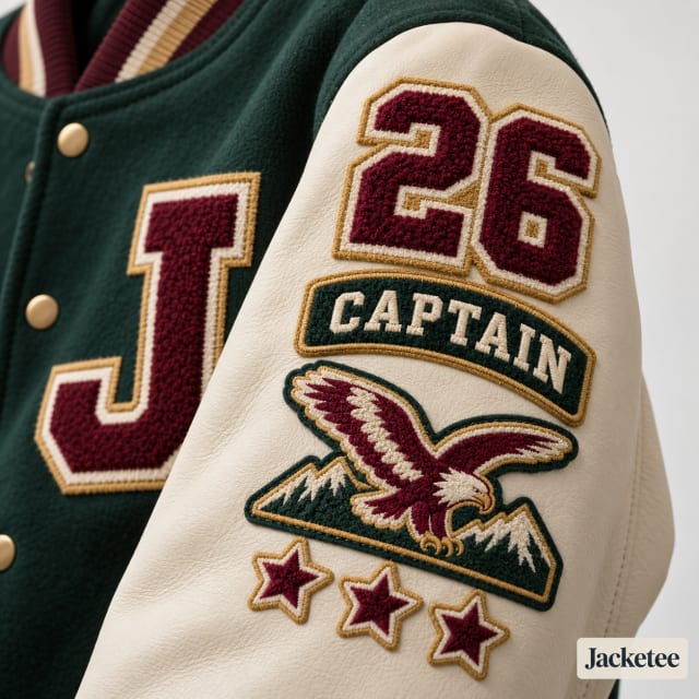 Chenille sleeve stack with year and captain patch