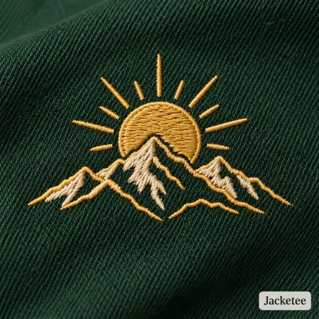 Small original gold and cream mountain-and-sun logo directly embroidered into forest green cotton twill