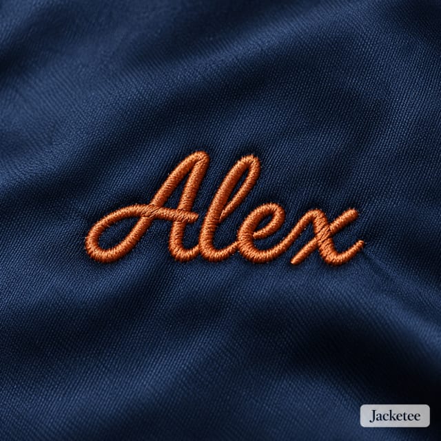 Small personal name "Alex" embroidered in copper script directly into navy satin chest fabric