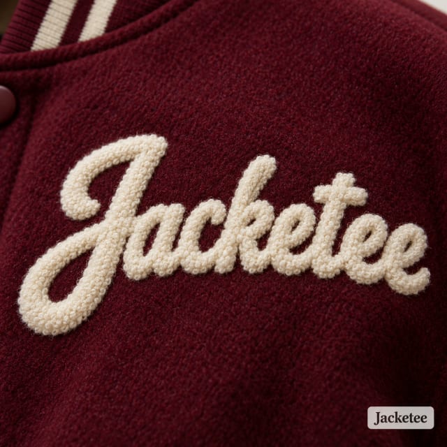 Cream fluffy chenille script word "Jacketee" stitched DIRECTLY into burgundy wool chest
